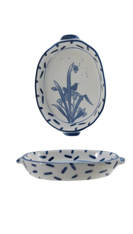 Stoneware Baker with Handles Blue and White Floral Design (3 Styles)