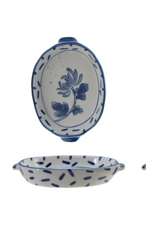 Stoneware Baker with Handles Blue and White Floral Design (3 Styles)
