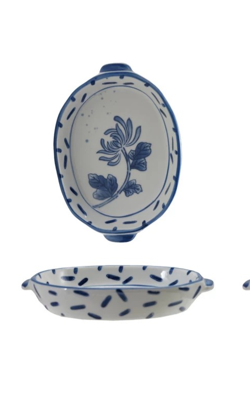 Stoneware Baker with Handles Blue and White Floral Design (3 Styles)