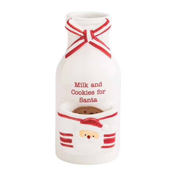 A white ceramic Christmas milk bottle cookie jar with red and white striped details, featuring the text 'Milk and Cookies for Santa' and a small Santa face on the front pocket.