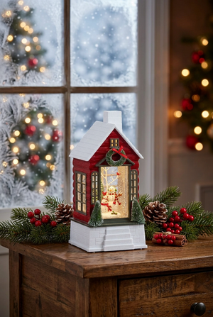 10" Snowman Lighted Cabin Water Lantern
