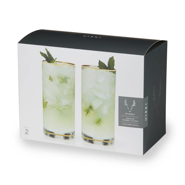 Deco Meridian Gold Rimmed Crystal Highball Glasses Set of 2
